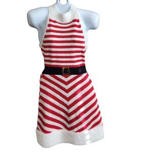 VTG Style PinUp Knit Fit & Flare Mini Dress-Candy Cane Stripe-Racer Back-Xmas-XS